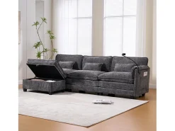 Sofá de 3 lugares com pufe - Sofá de canto com suporte para telemóvel e bolsos laterais - chenille^ Sofá