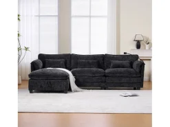 Sofá| Sofá de 3 lugares com pufe - Sofá de canto com suporte para telemóvel e bolsos laterais - chenille Preto