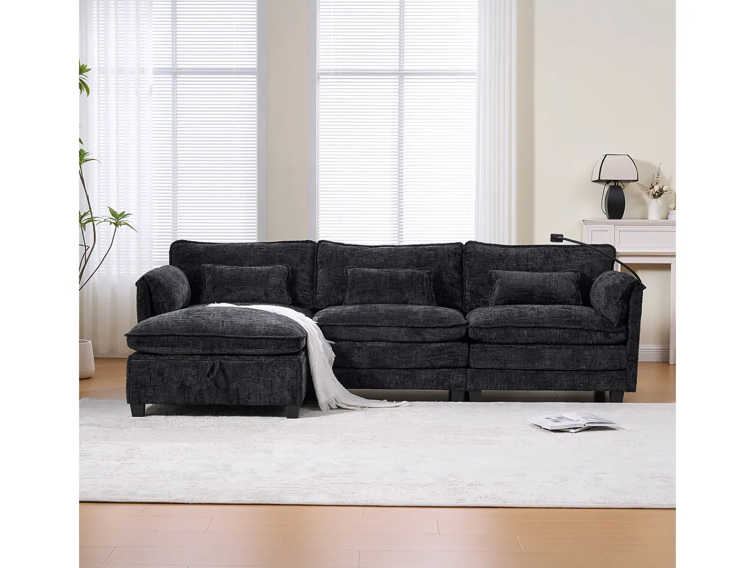Sofá| Sofá de 3 lugares com pufe - Sofá de canto com suporte para telemóvel e bolsos laterais - chenille Preto