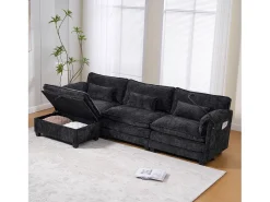 Sofá| Sofá de 3 lugares com pufe - Sofá de canto com suporte para telemóvel e bolsos laterais - chenille Preto