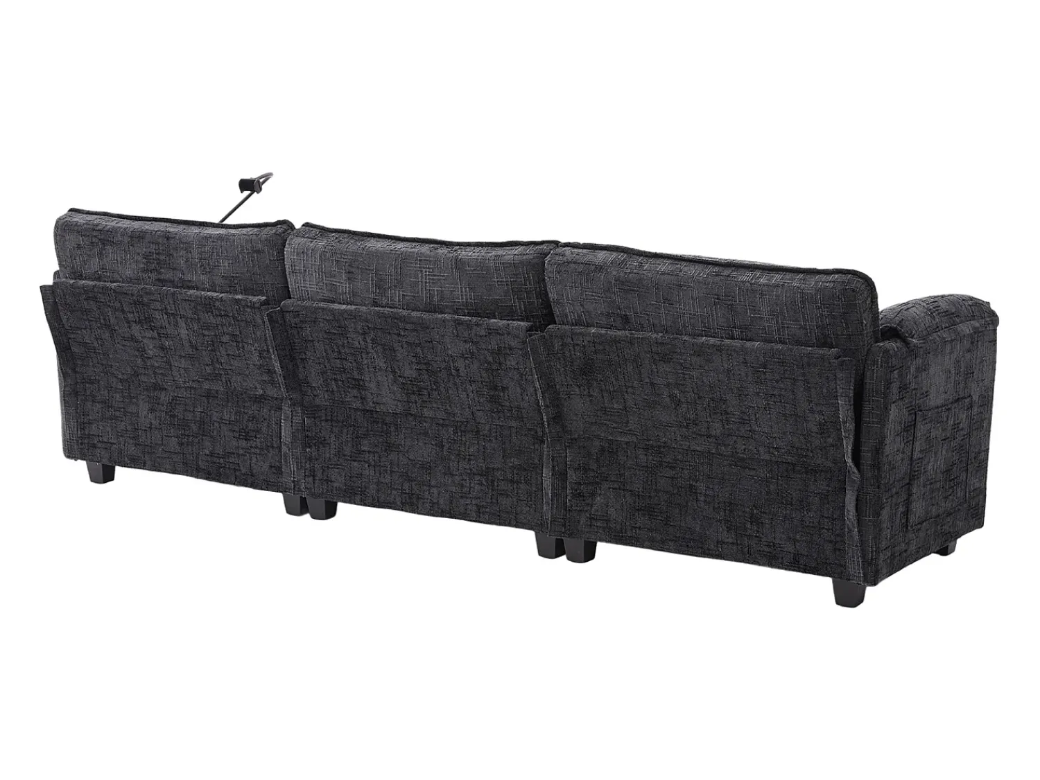 Sofá| Sofá de 3 lugares com pufe - Sofá de canto com suporte para telemóvel e bolsos laterais - chenille Preto