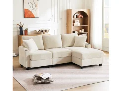 Sofá|Merax Sofá de 3 lugares com pufe - 213,5 x 139 x 87 cm - com 2 almofadas - veludo - Bege