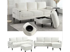 Hot Merax Sofá de 4 lugares com pufe - 196,5 x 75 x 77 cm - com armazenamento + braços - veludo - Bege
