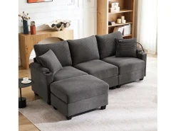Sofá|Merax Sofá de 3 lugares com pufe - 213,5 x 139 x 87 cm - com 2 almofadas - veludo - cinza escuro Cinzento