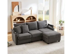 Sofá|Merax Sofá de 3 lugares com pufe - 213,5 x 139 x 87 cm - com 2 almofadas - veludo - cinza escuro Cinzento