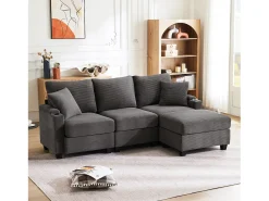 Sofá|Merax Sofá de 3 lugares com pufe - 213,5 x 139 x 87 cm - com 2 almofadas - veludo - cinza escuro Cinzento