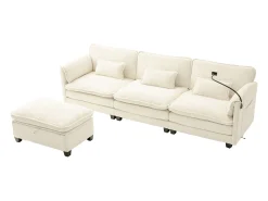 Sofá* Sofá de 3 lugares com pufe - Sofá de canto com suporte para telemóvel e bolsos laterais - chenille Bege