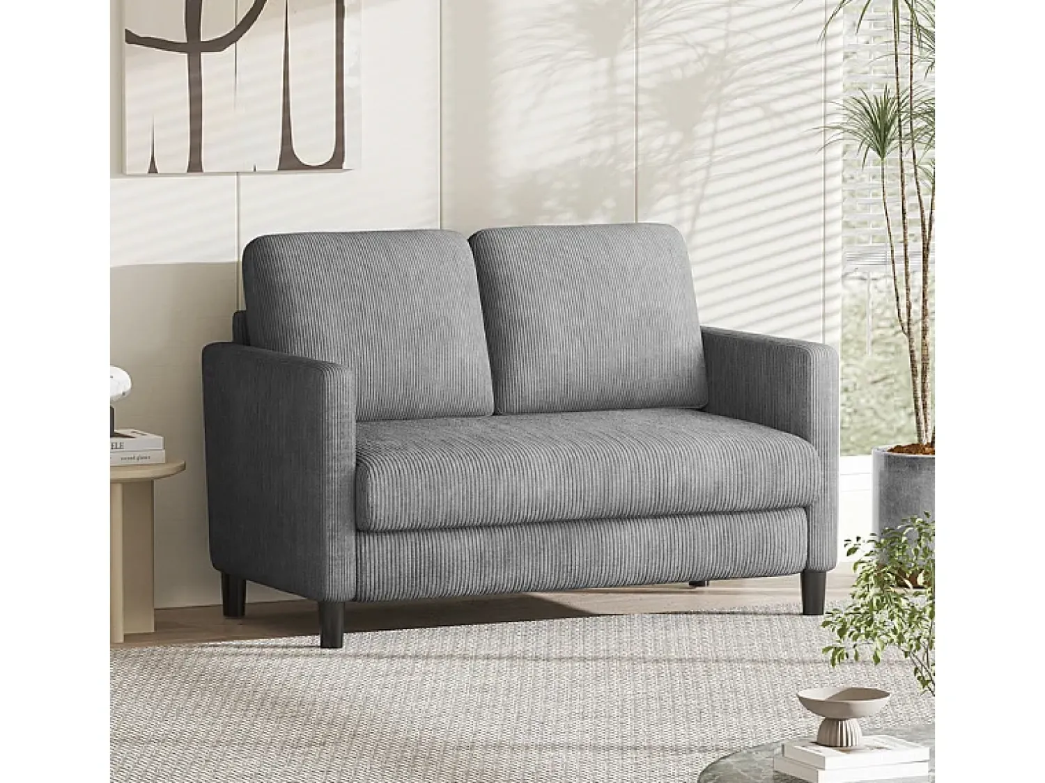 Sofá|DripeX Sofá de 2 lugares confortável em veludo canelado Cinza - 58cm profundidade do assento - carga máxima 300kg - 129x78x89cm Cinzento