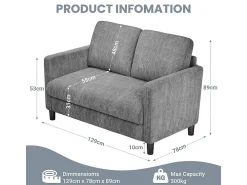 Sofá|DripeX Sofá de 2 lugares confortável em veludo canelado Cinza - 58cm profundidade do assento - carga máxima 300kg - 129x78x89cm Cinzento