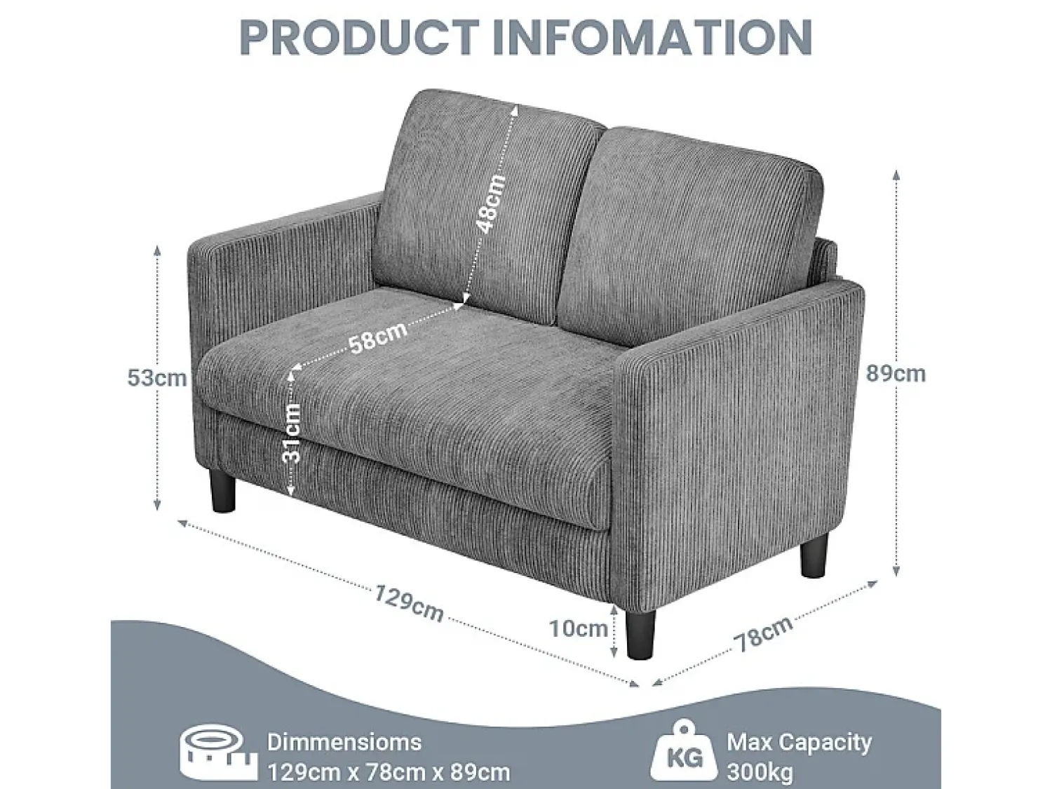 Sofá|DripeX Sofá de 2 lugares confortável em veludo canelado Cinza - 58cm profundidade do assento - carga máxima 300kg - 129x78x89cm Cinzento