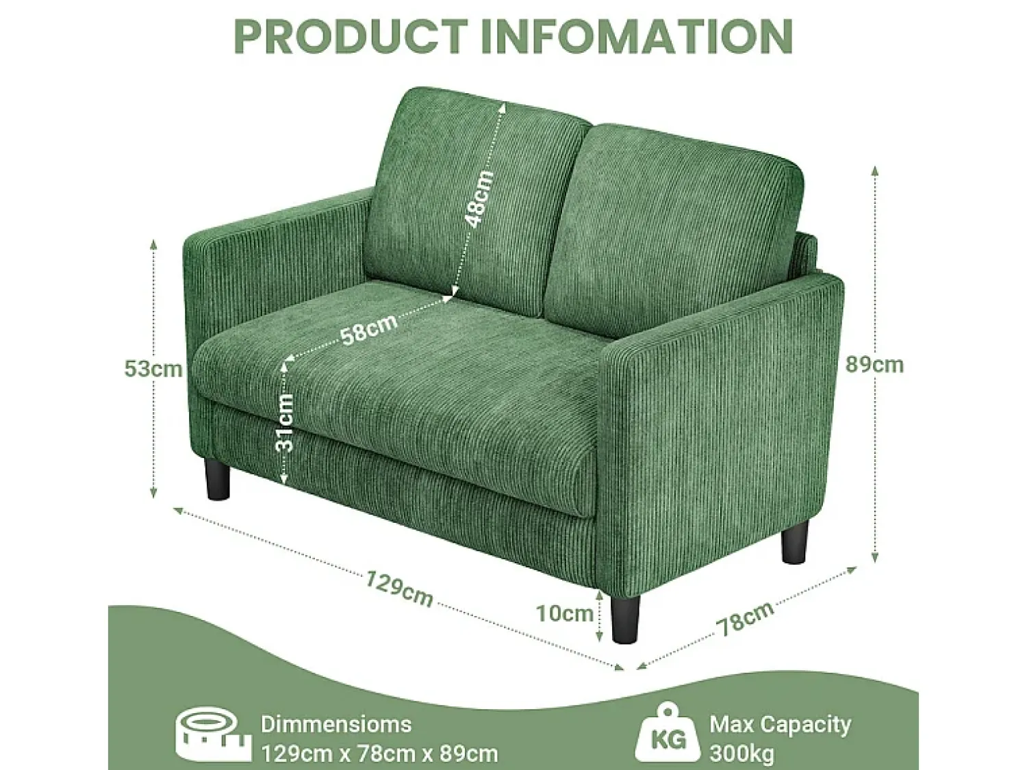 Sofá*DripeX Sofá de 2 lugares confortável em veludo canelado - 58cm profundidade do assento - carga máxima 300kg - 129x78x89cm Verde