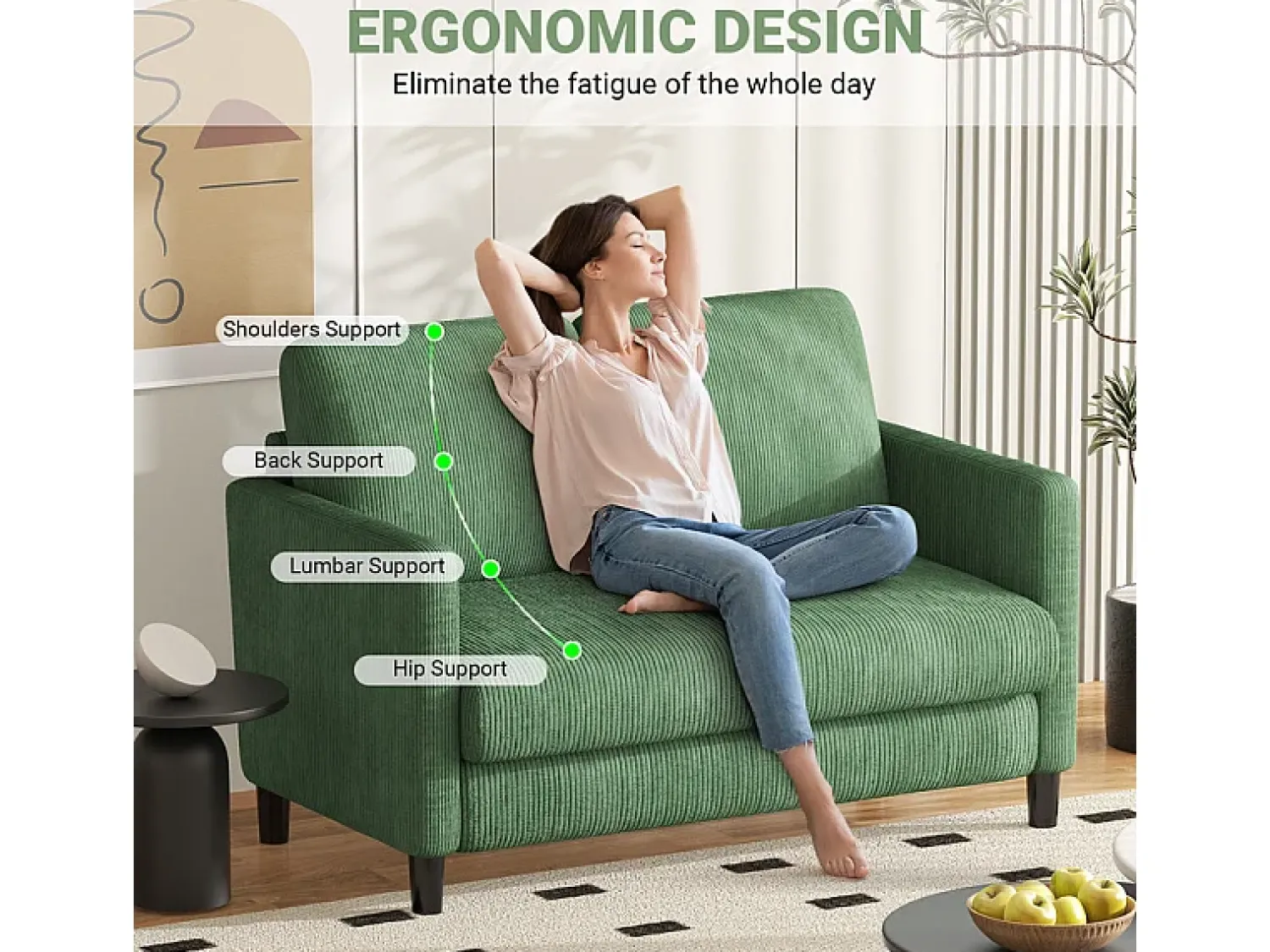 Sofá*DripeX Sofá de 2 lugares confortável em veludo canelado - 58cm profundidade do assento - carga máxima 300kg - 129x78x89cm Verde