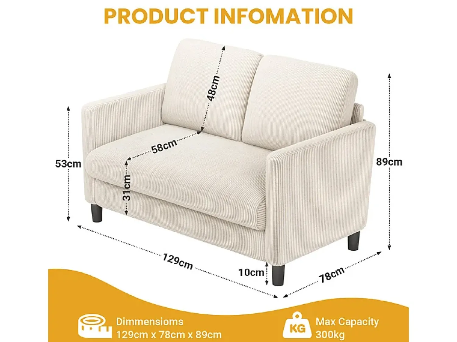 Best DripeX Sofá de 2 lugares confortável em veludo canelado - 58cm profundidade do assento - carga máxima 300kg - 129x78x89cm Bege