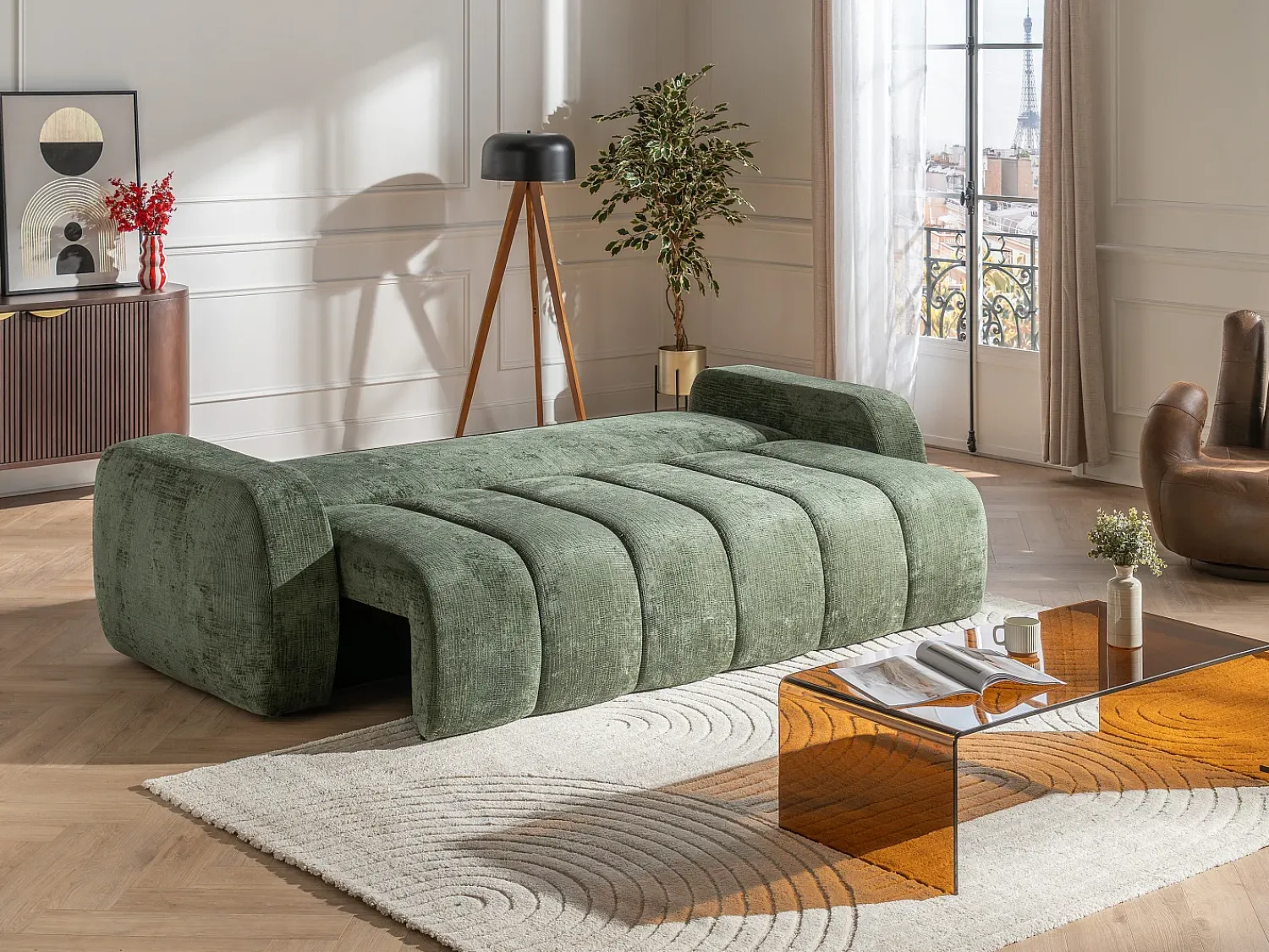 Sofá*Vente-unique Sofá de 3 lugares conversível em tecido chenille TALIVO Verde