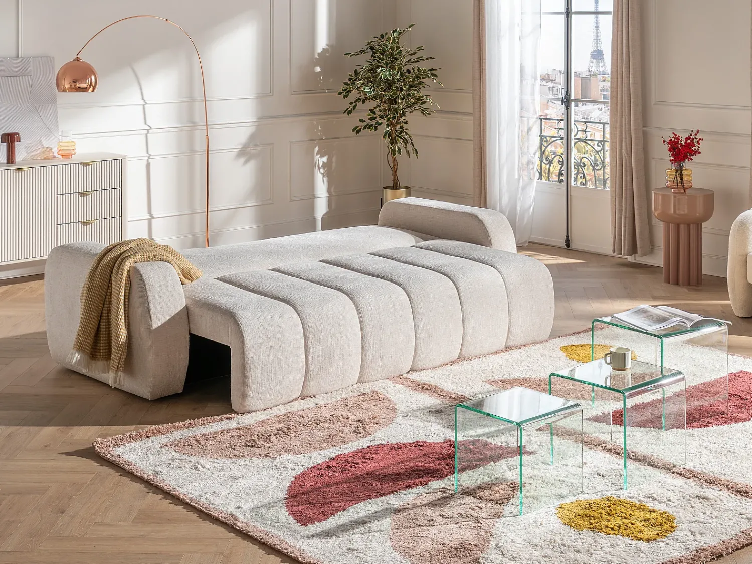 Sofá|Vente-unique Sofá de 3 lugares convertível em tecido chenille TALIVO Bege