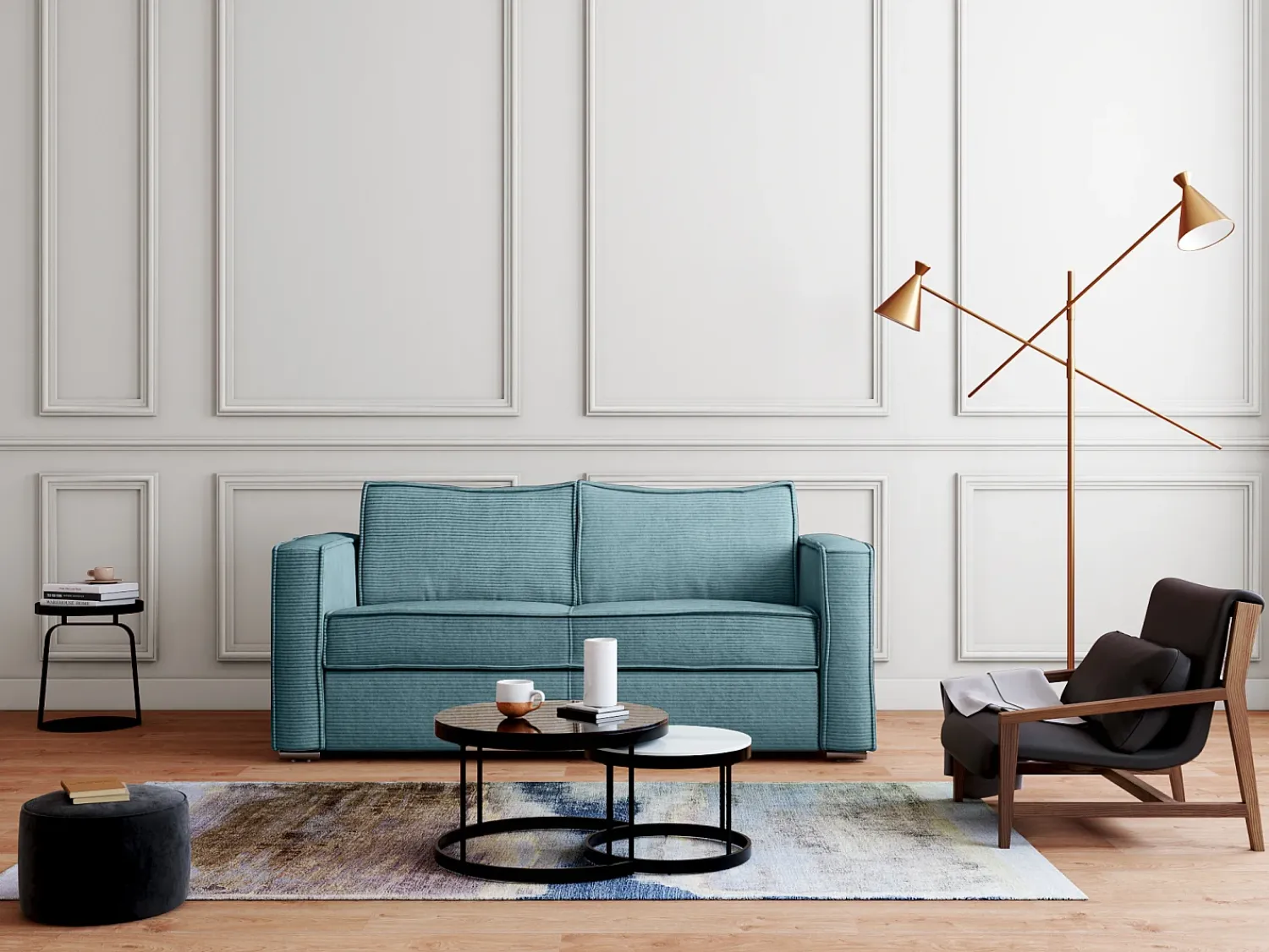 Sofá*Vente-unique Sofá de 4 lugares convertível em veludo canelado turquesa assento de memória de forma 22 cm LORETO Azul turquesa