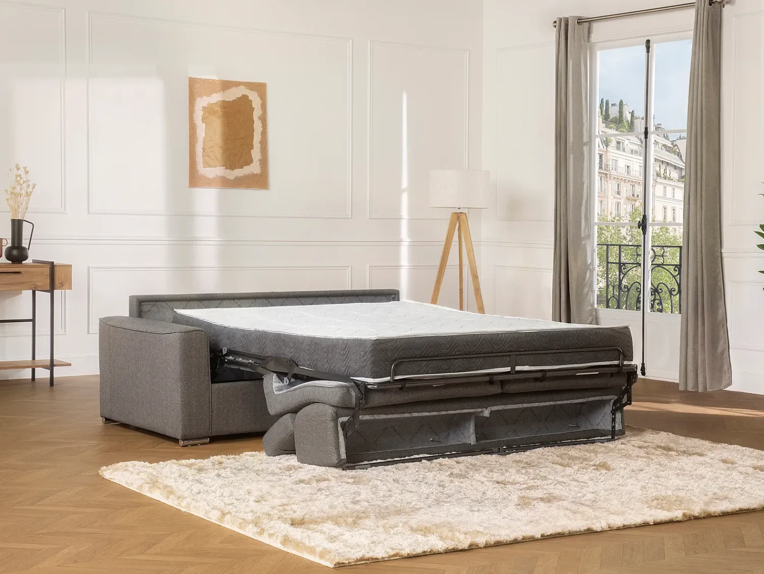 Best Vente-unique Sofá de 3 lugares convertível de abertura rápida em tecido cinza colchão - VIZIR Cinzento