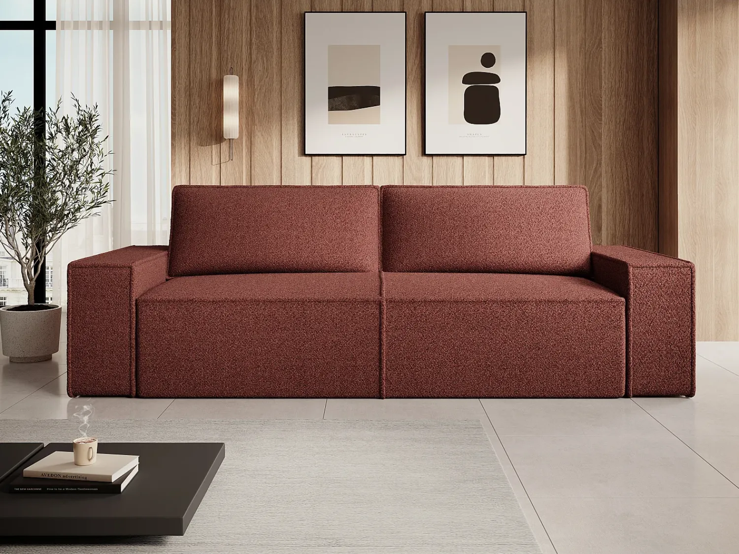 Discount Vente-unique Sofá de 4 lugares convertível em tecido chenille cor bordô AMELIA Bordeaux