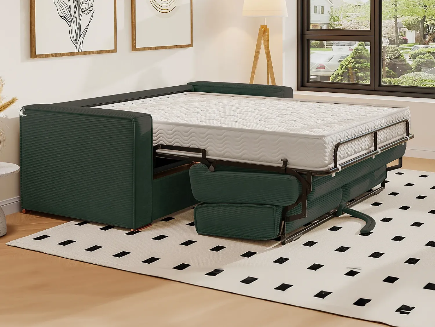 Vente-unique Sofá de 3 lugares convertível veludo canelado verde-escuro assento memória de forma 22 cm LORETO^ Sofá