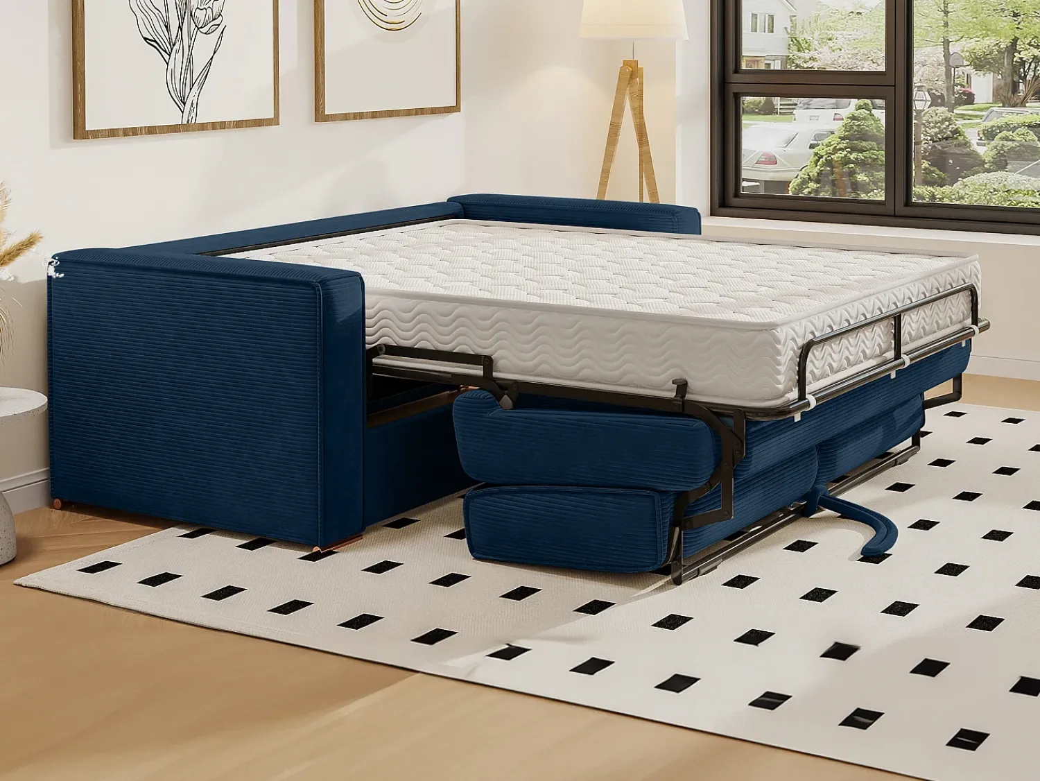 Sofá|Vente-unique Sofá de 4 lugares convertível em veludo canelado azul noite assento com assento de memória de forma 22 cm LORETO Azul escuro
