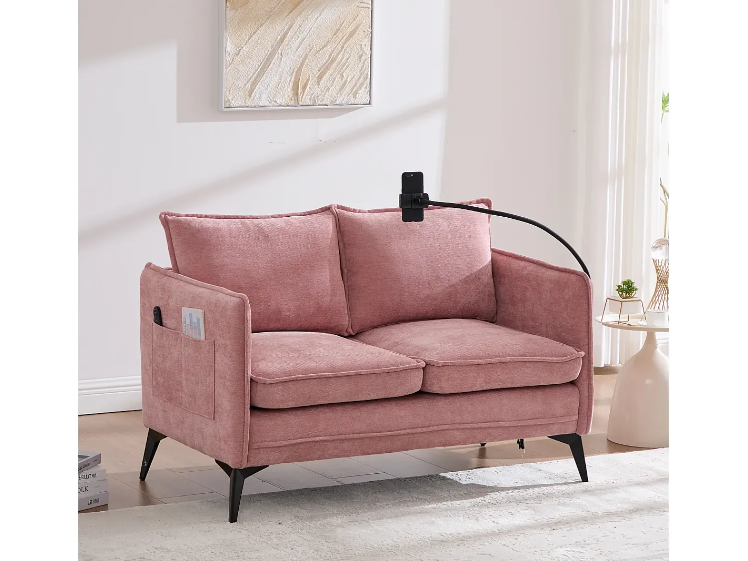Sofá de 2 lugares cor-de- - com compartimentos laterais para arrumação e suporte para telemóvel - chenille - para sala de estar e quarto^ Sofá