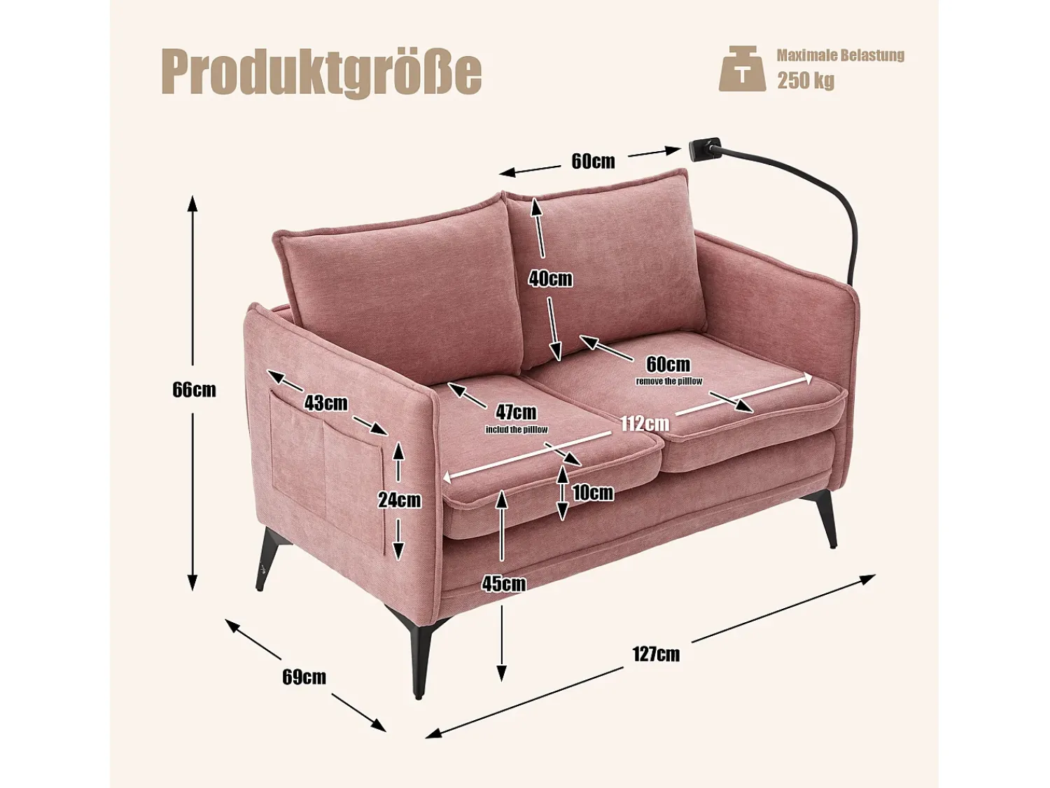 Sofá de 2 lugares cor-de- - com compartimentos laterais para arrumação e suporte para telemóvel - chenille - para sala de estar e quarto^ Sofá