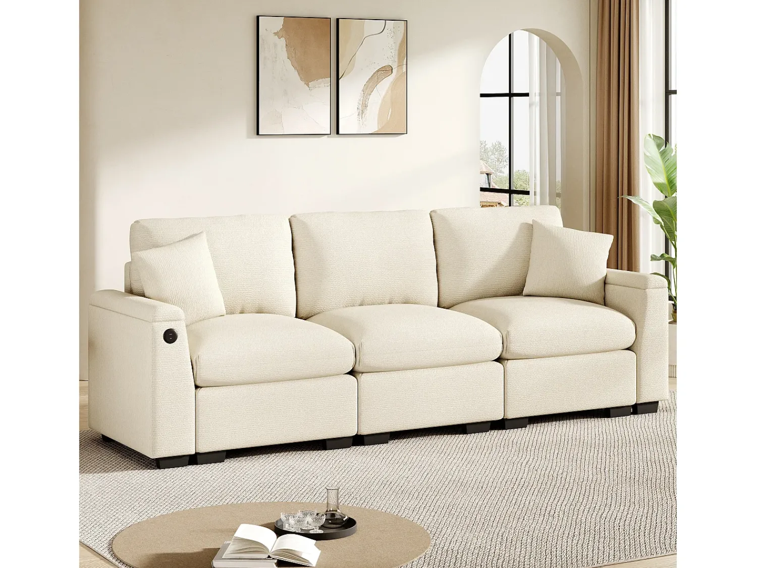Hauss Spole Sofá de 3 lugares em chenille - Almofadas, mesa de apoio dobrável, entradas USB e espaço para arrumação.^ Sofá