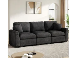 Sofá|Hauss Spole Sofá de 3 lugares em chenille - Almofadas, mesa de apoio dobrável, entradas USB e espaço para arrumação. Cinzento