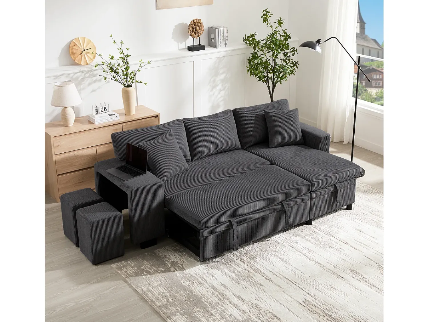 Hot ModernLuxe Sofá de 3 lugares em L - com portas USB de carregamento - com almofadas - sofá de canto conversível - cinza Cinzento