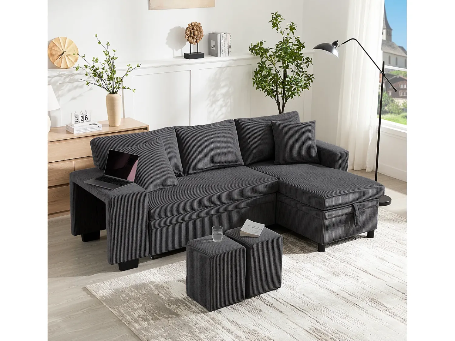 Hot ModernLuxe Sofá de 3 lugares em L - com portas USB de carregamento - com almofadas - sofá de canto conversível - cinza Cinzento