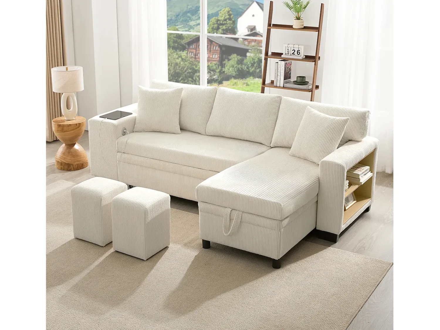 Sofá*ModernLuxe Sofá de 3 lugares em L - com portas USB de carregamento - com almofadas - sofá de canto conversível - Bege