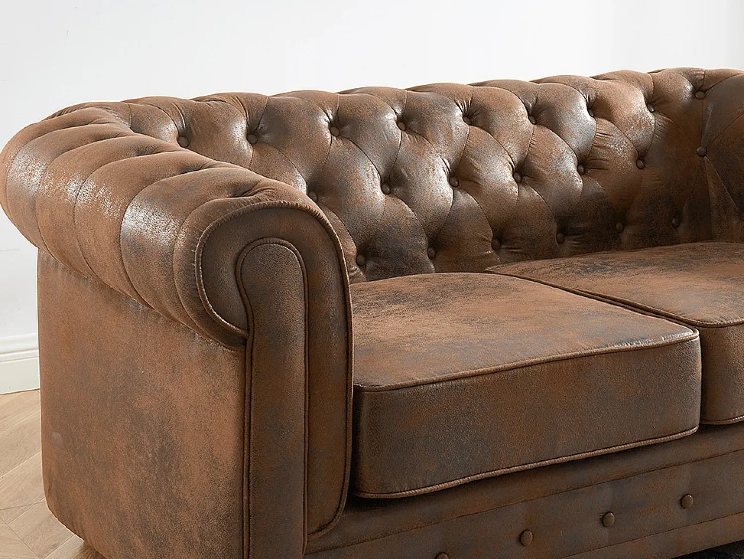 Clearance Vente-unique Sofá de 2 lugares em microfibra aspeto couro envelhecido CHESTERFIELD Castanho