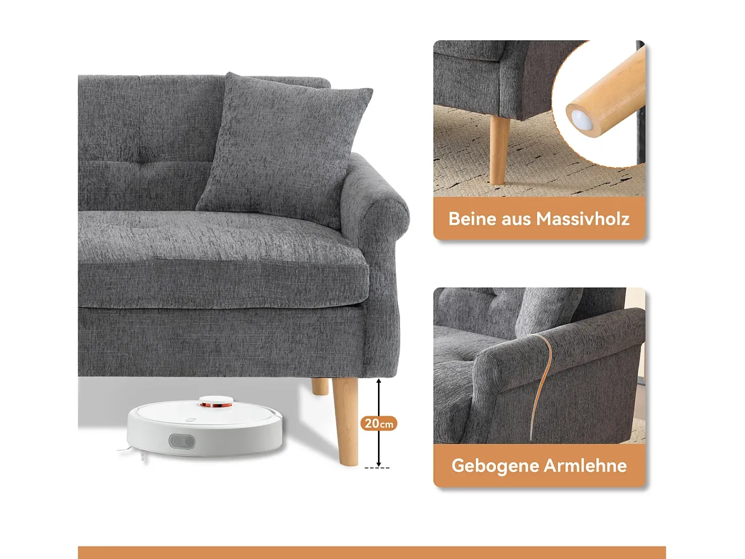 Sofá|Merax Sofá de 2 lugares em tecido chenille com almofadas grossas - 162 x 74 x 77 cm - para sala de estar, quarto - Cinza claro Cinzento