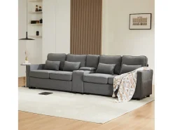 Online Sofá de 4 lugares em tecido de linho com consola, 2 bases para copos, 2 portas USB, 4 almofadas, 290x83x88cm, -escuro Cinzento