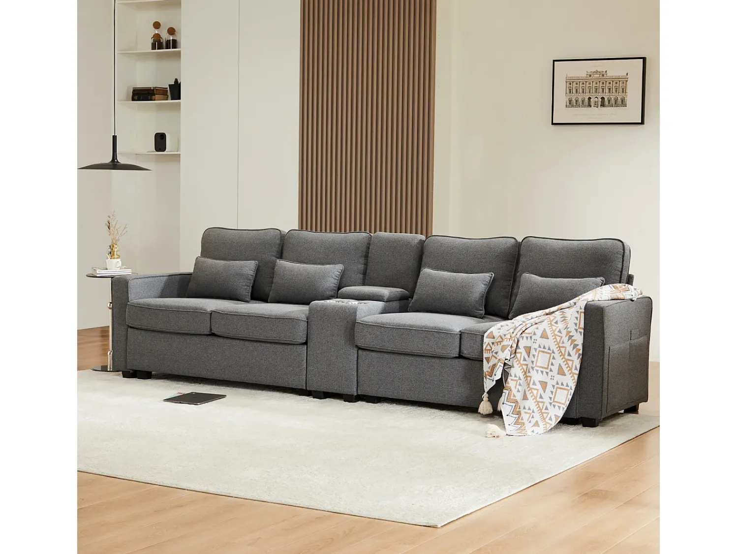 Online Sofá de 4 lugares em tecido de linho com consola, 2 bases para copos, 2 portas USB, 4 almofadas, 290x83x88cm, -escuro Cinzento