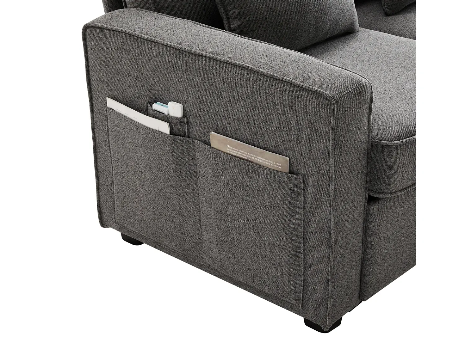 Online Sofá de 4 lugares em tecido de linho com consola, 2 bases para copos, 2 portas USB, 4 almofadas, 290x83x88cm, -escuro Cinzento