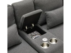 Online Sofá de 4 lugares em tecido de linho com consola, 2 bases para copos, 2 portas USB, 4 almofadas, 290x83x88cm, -escuro Cinzento