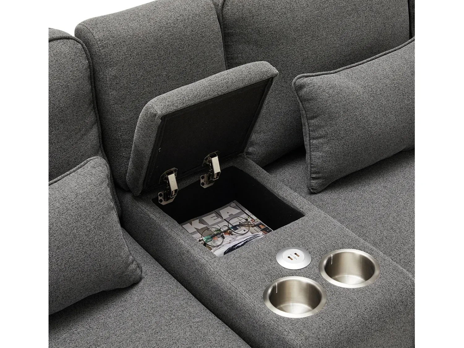 Online Sofá de 4 lugares em tecido de linho com consola, 2 bases para copos, 2 portas USB, 4 almofadas, 290x83x88cm, -escuro Cinzento