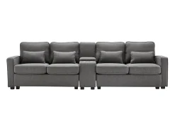 Online Sofá de 4 lugares em tecido de linho com consola, 2 bases para copos, 2 portas USB, 4 almofadas, 290x83x88cm, -escuro Cinzento