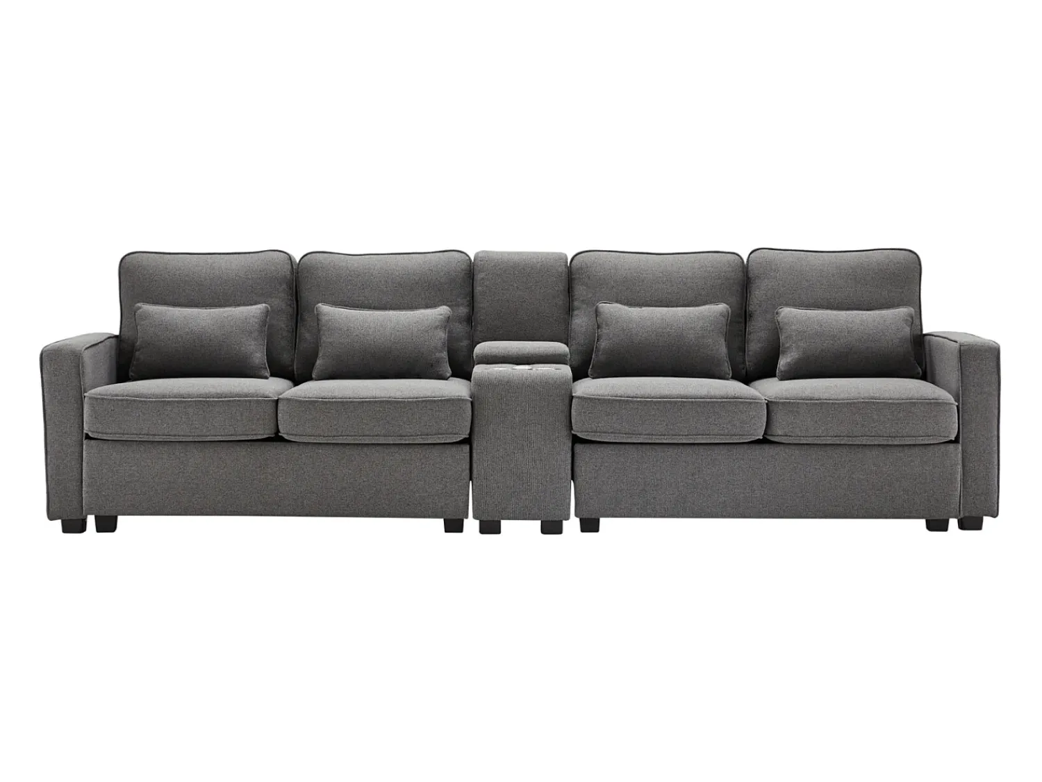 Online Sofá de 4 lugares em tecido de linho com consola, 2 bases para copos, 2 portas USB, 4 almofadas, 290x83x88cm, -escuro Cinzento