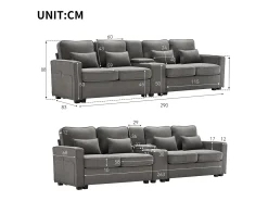 Online Sofá de 4 lugares em tecido de linho com consola, 2 bases para copos, 2 portas USB, 4 almofadas, 290x83x88cm, -escuro Cinzento