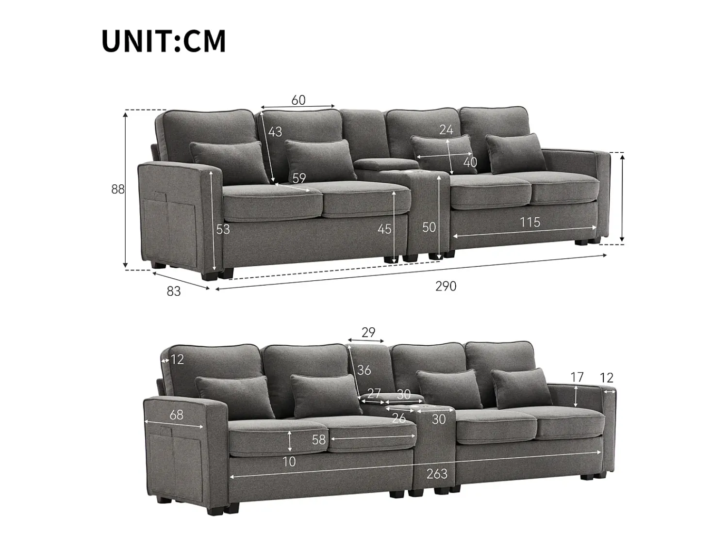 Online Sofá de 4 lugares em tecido de linho com consola, 2 bases para copos, 2 portas USB, 4 almofadas, 290x83x88cm, -escuro Cinzento