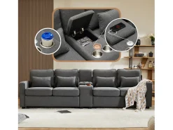 Online Sofá de 4 lugares em tecido de linho com consola, 2 bases para copos, 2 portas USB, 4 almofadas, 290x83x88cm, -escuro Cinzento