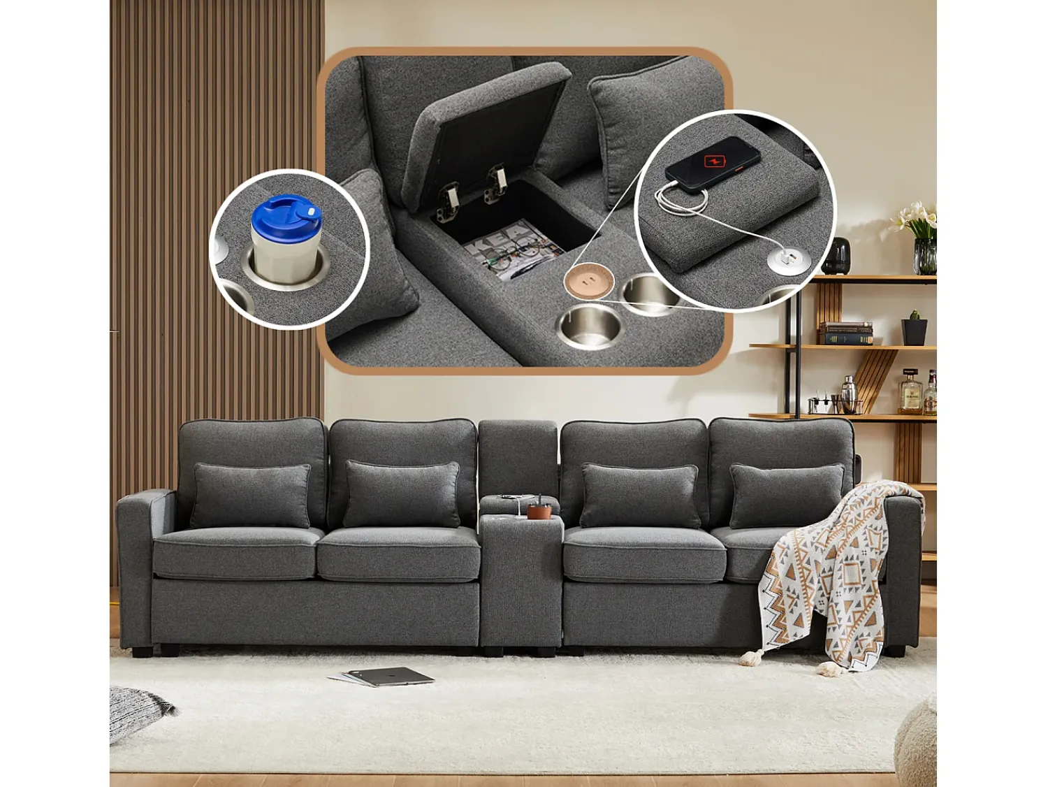 Online Sofá de 4 lugares em tecido de linho com consola, 2 bases para copos, 2 portas USB, 4 almofadas, 290x83x88cm, -escuro Cinzento