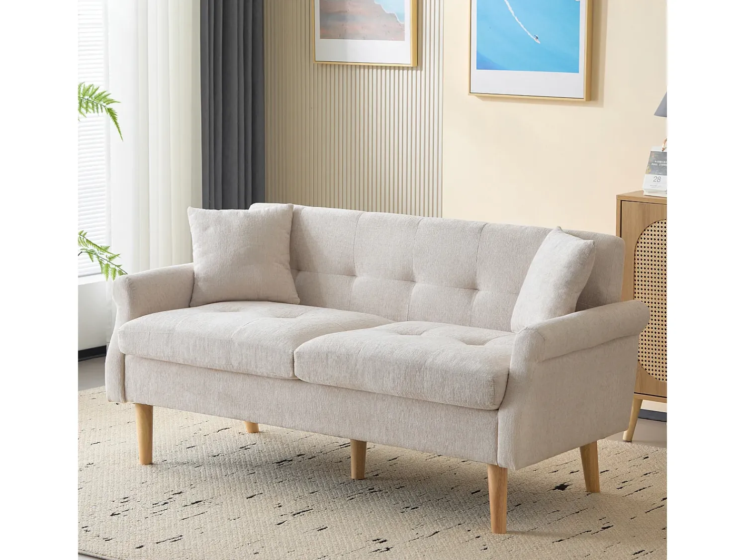 Sofá|Merax Sofá de 2 lugares em tecido chenille com almofadas grossas - 162 x 74 x 77 cm - para sala de estar, quarto - Bege
