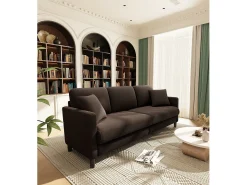 DripeX Sofá de 3 lugares em Teddy Velvet, sofá grande do sofá direito em madeira maciça, sofre com apoios de braços, 210 x 79 x 89 cm - marrom^ Sofá