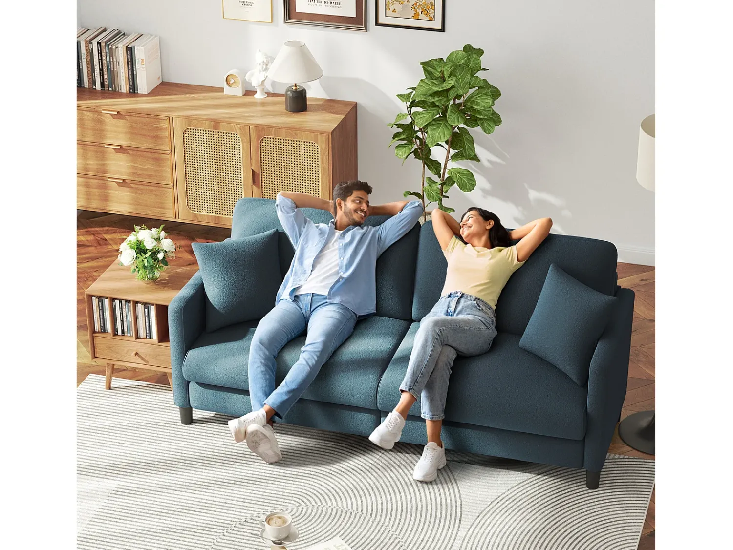 DripeX Sofá de 3 lugares em Teddy Velvet, sofá de conforto à direita em madeira maciça, amossa com apoios de braços, 193x79x89cm, -cinza-cinza^ Sofá