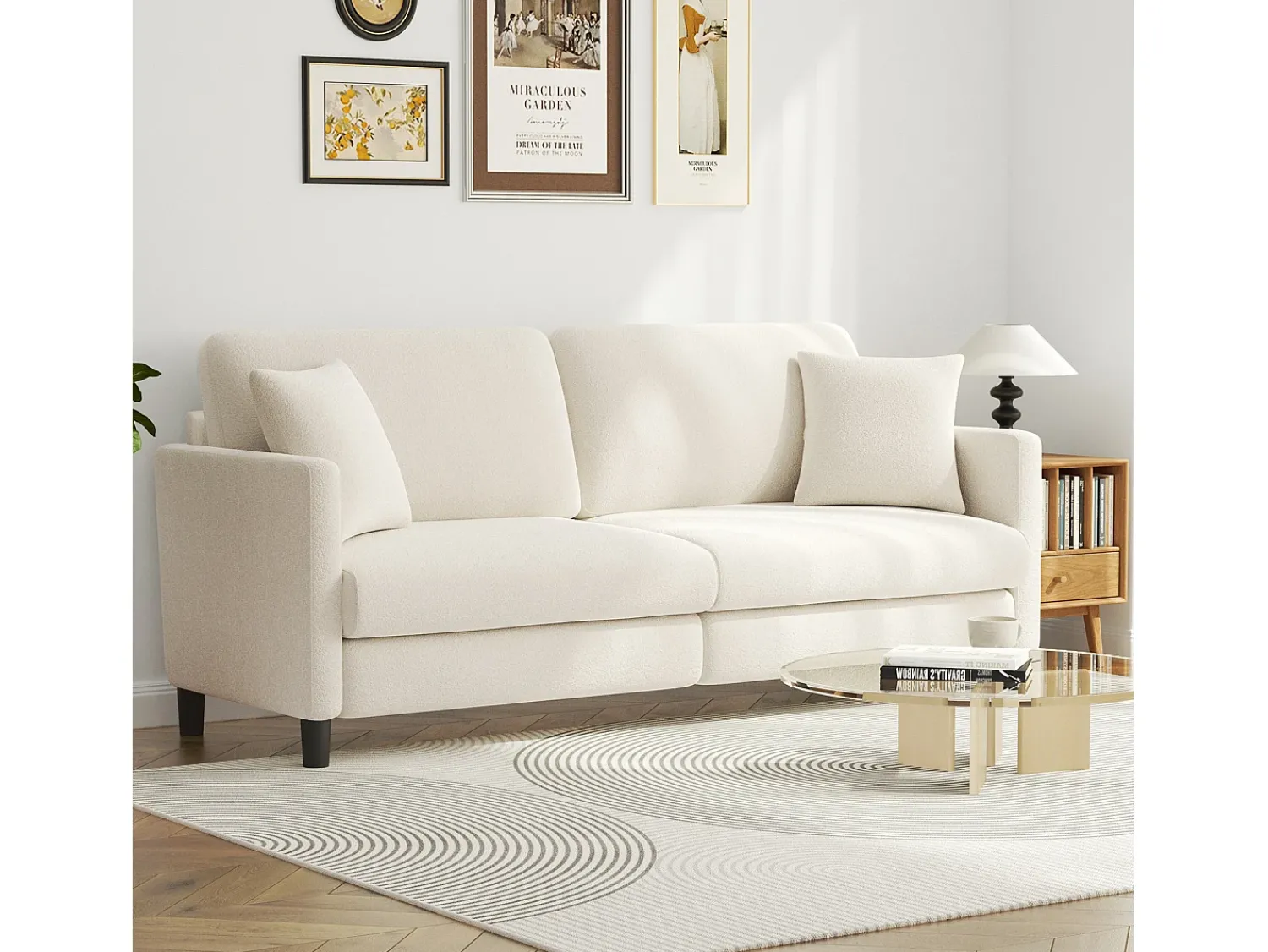 Sale DripeX Sofá de 3 lugares em Teddy Velvet, sofá de conforto à direita em madeira maciça, sofá com apoios de braços, 193x79x89cm, , Bege