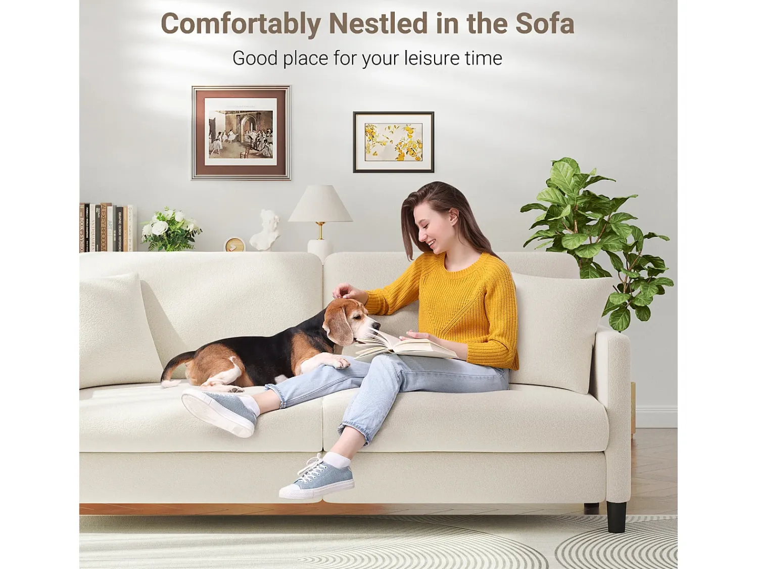 Sale DripeX Sofá de 3 lugares em Teddy Velvet, sofá de conforto à direita em madeira maciça, sofá com apoios de braços, 193x79x89cm, , Bege