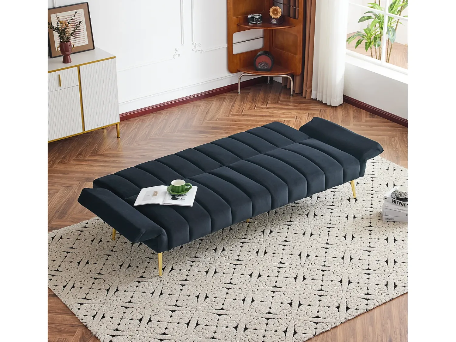 Clearance Merax Sofá de 3 lugares em veludo - 3 em 1 - Encosto e braços ajustáveis - 184 x 79 x 71 cm - LERICI by Pascal Morabito Preto
